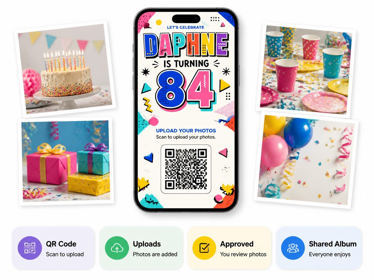 The shared photo gallery that comes with the Memphis Pop 84th Birthday Invitation invitation