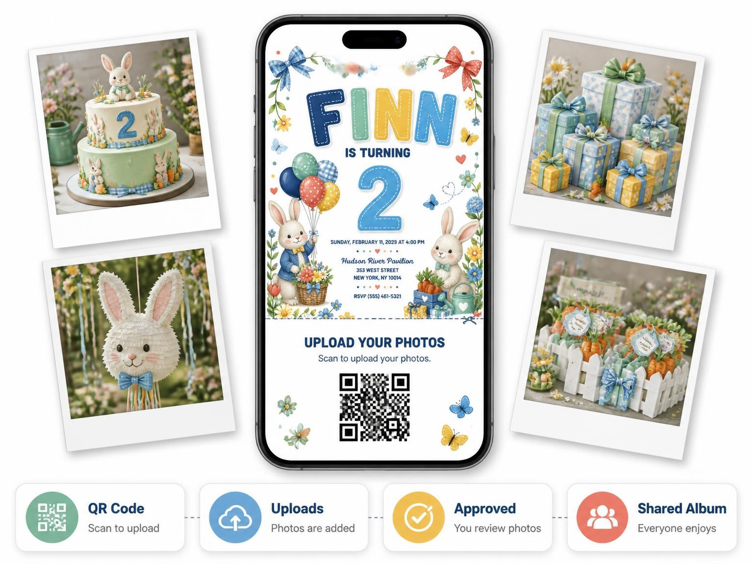 The shared photo gallery that comes with the Stitched Bunny Garden 2nd Birthday Invitation invitation