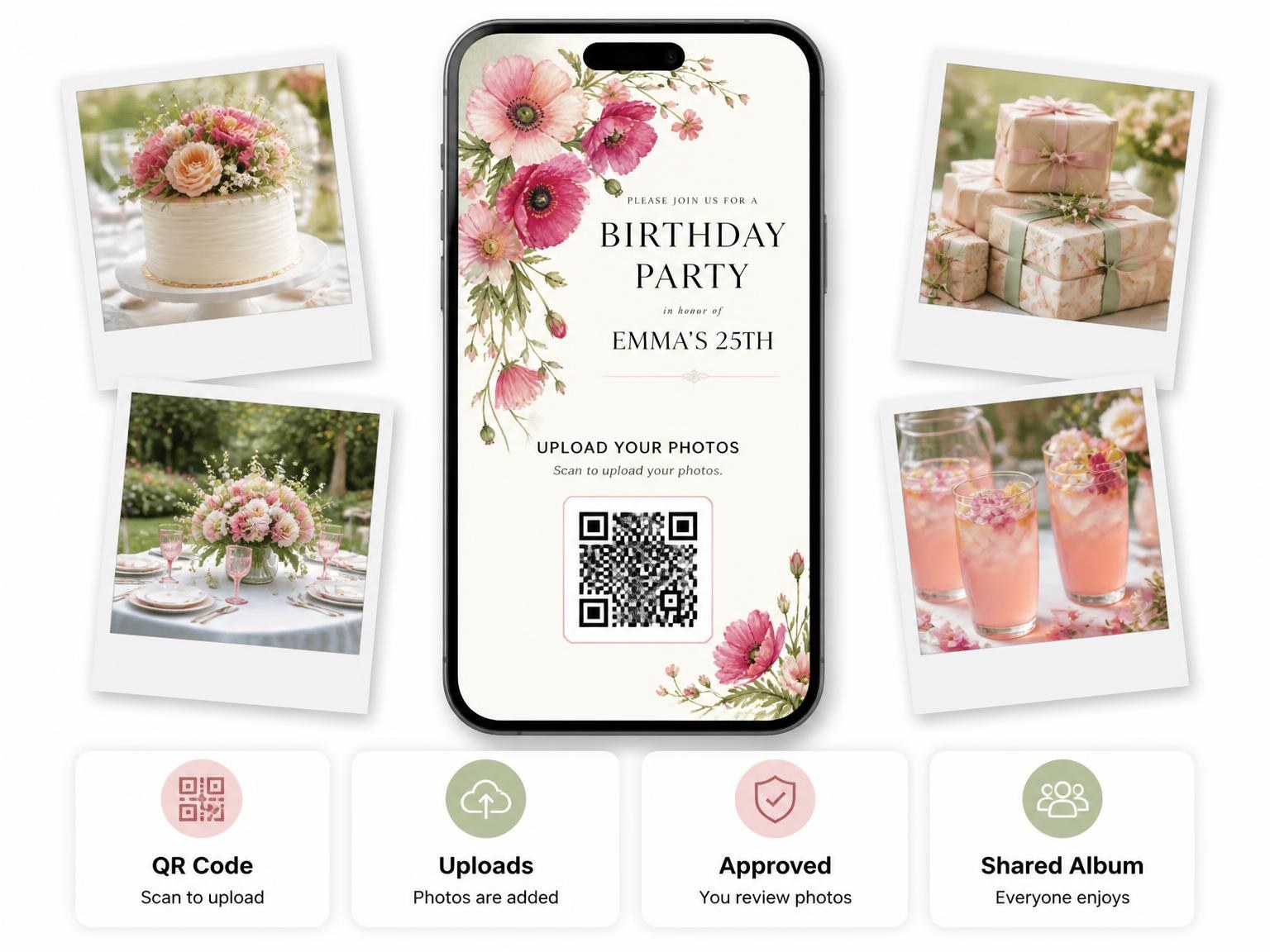 The shared photo gallery that comes with the Fuchsia Poppy Floral 25th Birthday Invitation invitation