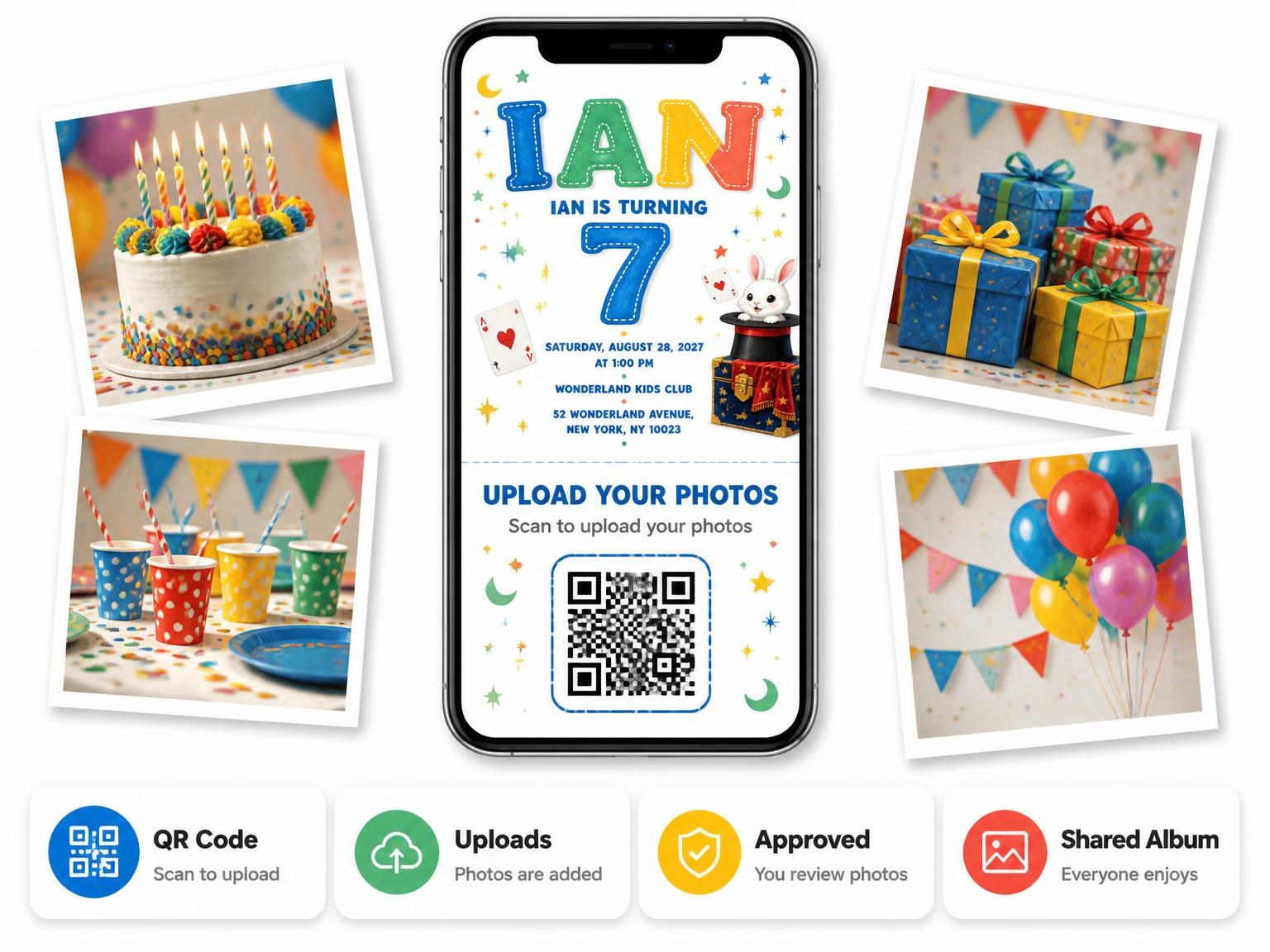 The shared photo gallery that comes with the White Rabbit Stitched 7th Birthday Invitation invitation