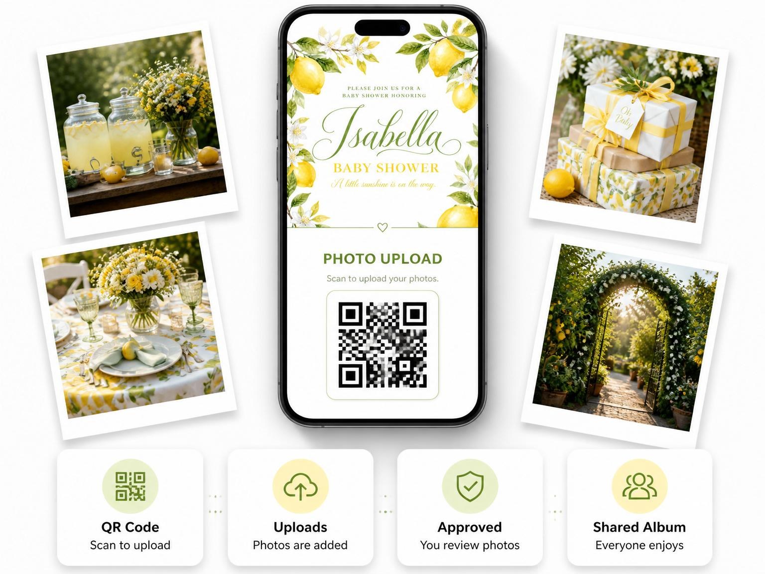 The shared photo gallery that comes with the Watercolor Lemon Citrus Baby Shower invitation