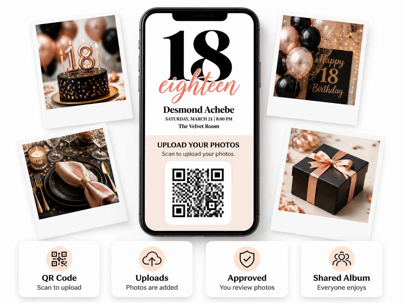 The shared photo gallery that comes with the Minimalist Typography 18th Birthday Invitation invitation