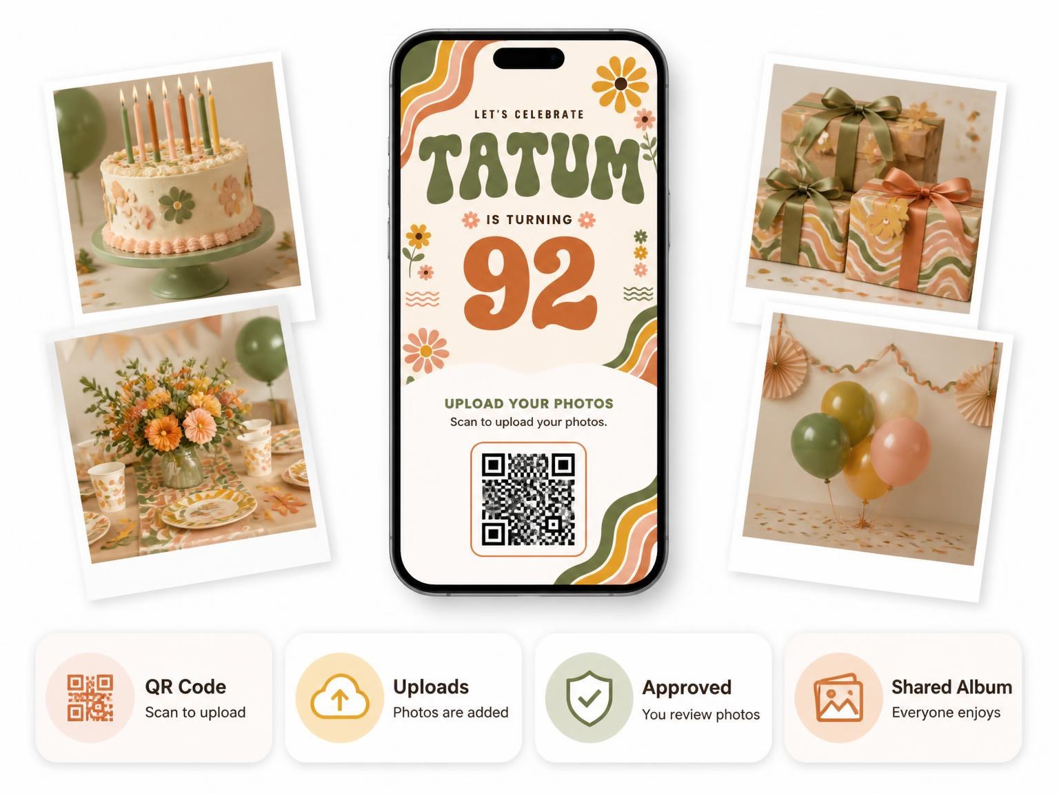 The shared photo gallery that comes with the Groovy Retro 92nd Birthday Invitation invitation
