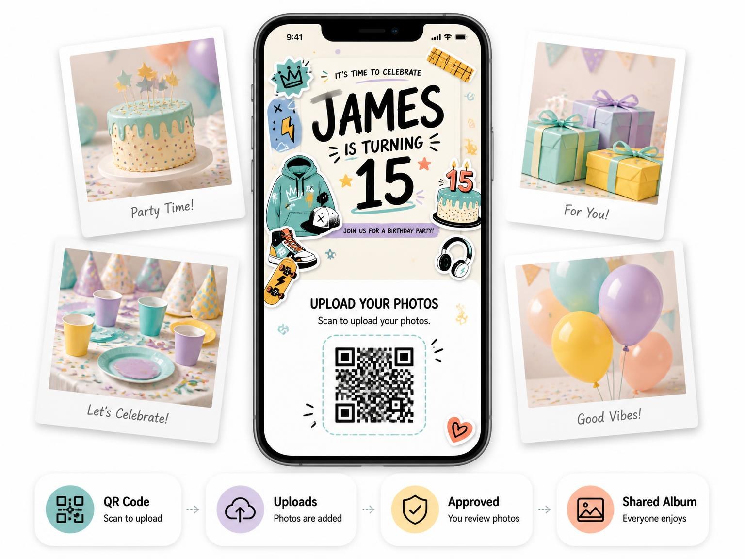 The shared photo gallery that comes with the Teal Spray Pastel 15th Birthday Invitation invitation