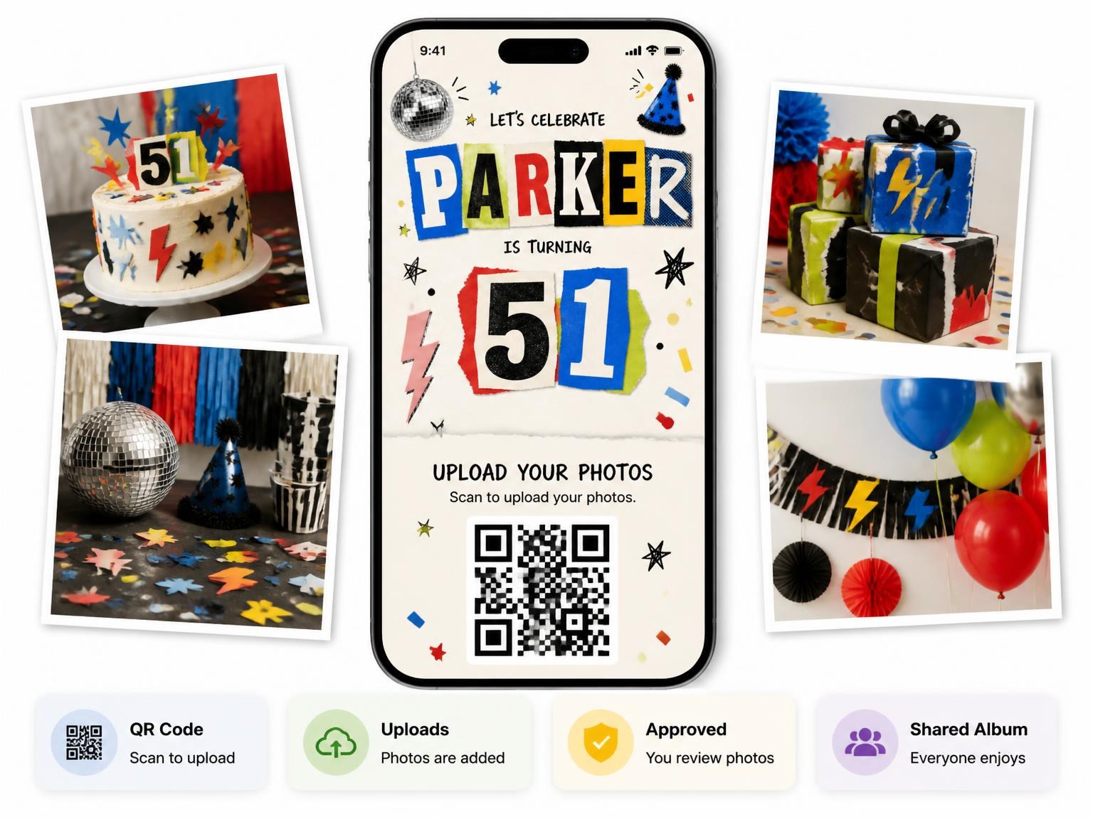 The shared photo gallery that comes with the Retro Paper Collage 51st Birthday Invitation invitation