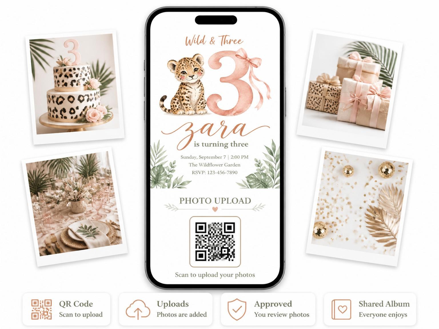 The shared photo gallery that comes with the Blush Leopard Botanical 3rd Birthday invitation