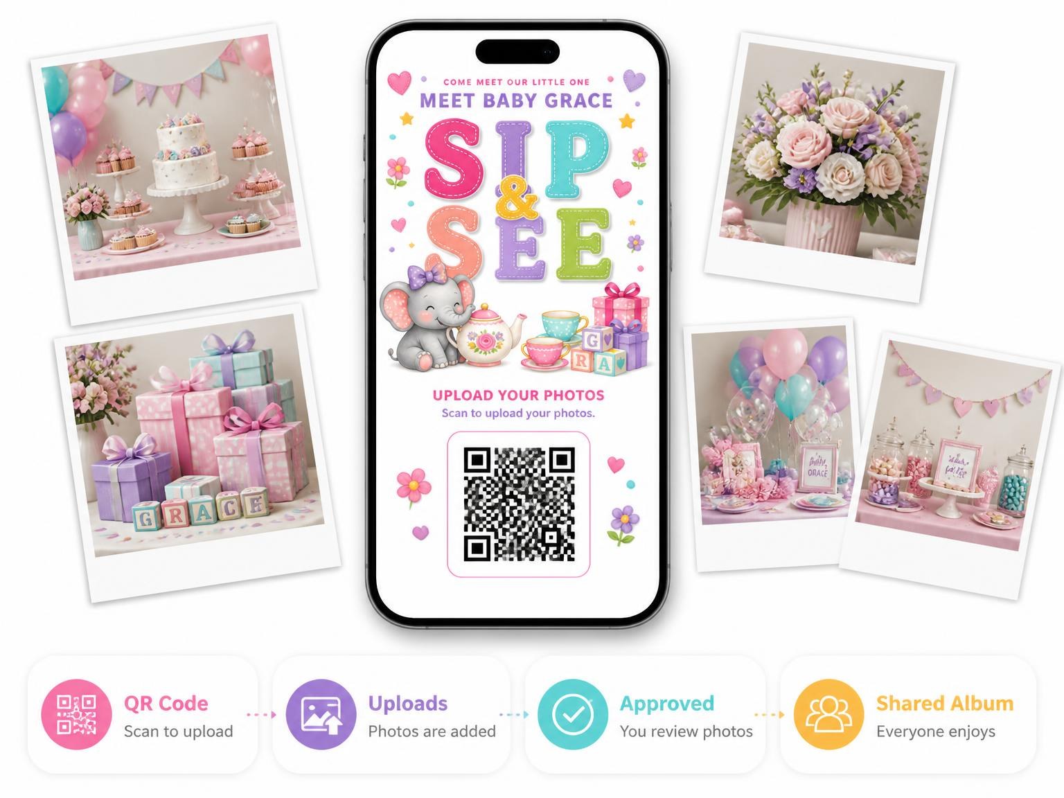 The shared photo gallery that comes with the Baby Elephant Sip and See Invitation invitation