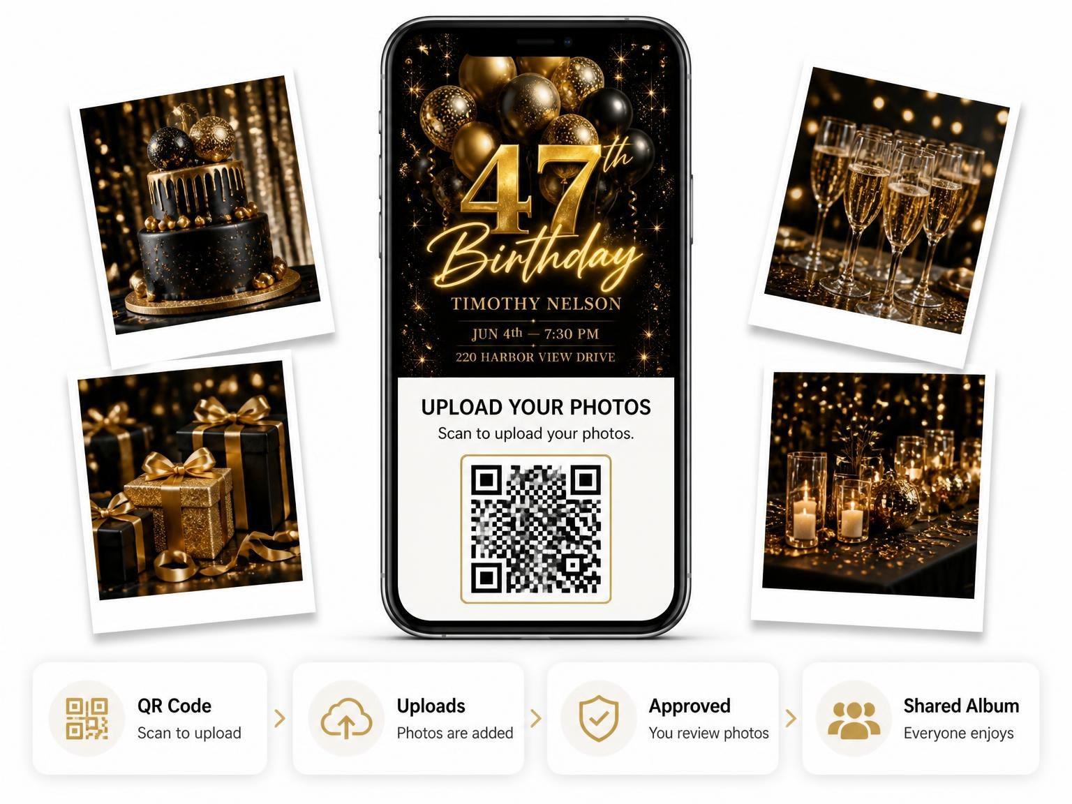 The shared photo gallery that comes with the Black and Gold Balloon 47th Birthday invitation