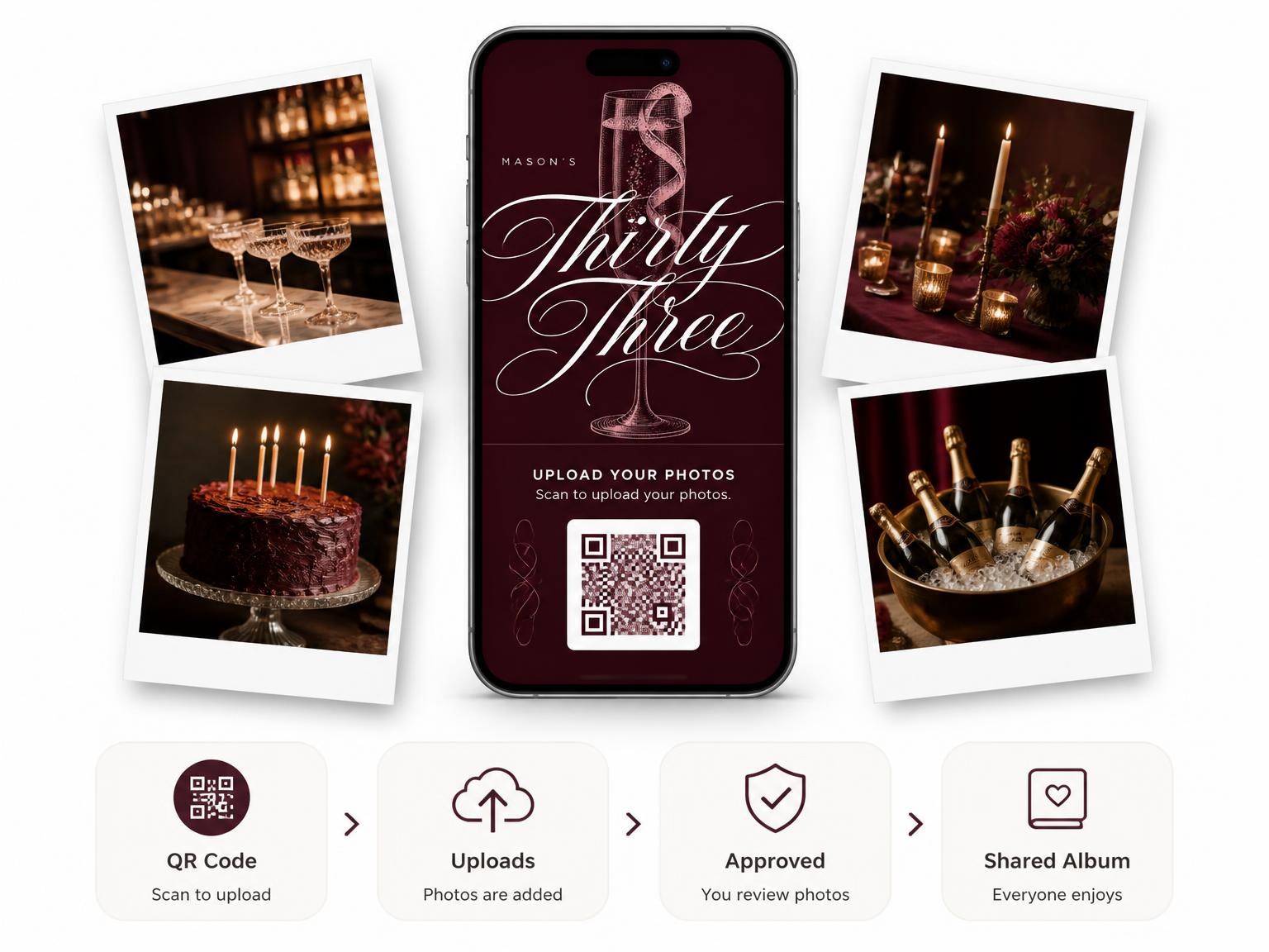 The shared photo gallery that comes with the Burgundy Cocktail 33rd Birthday Invitation invitation