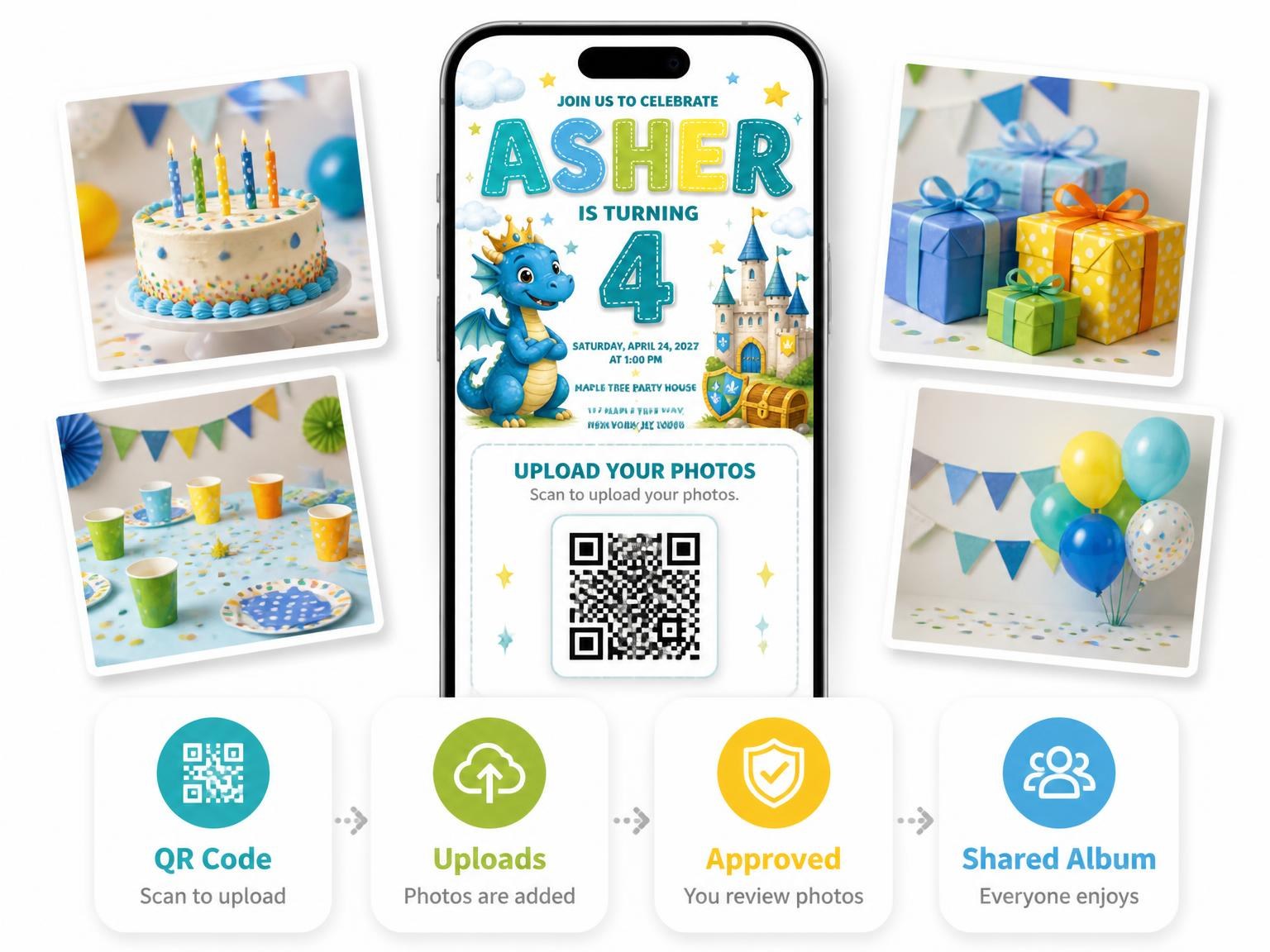 The shared photo gallery that comes with the Blue Dragon Castle 4th Birthday Invitation invitation