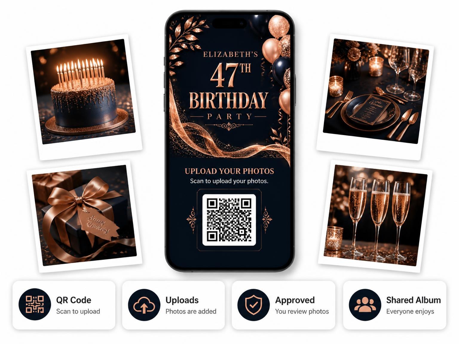The shared photo gallery that comes with the Navy and Rose Gold 47th Birthday Invitation invitation