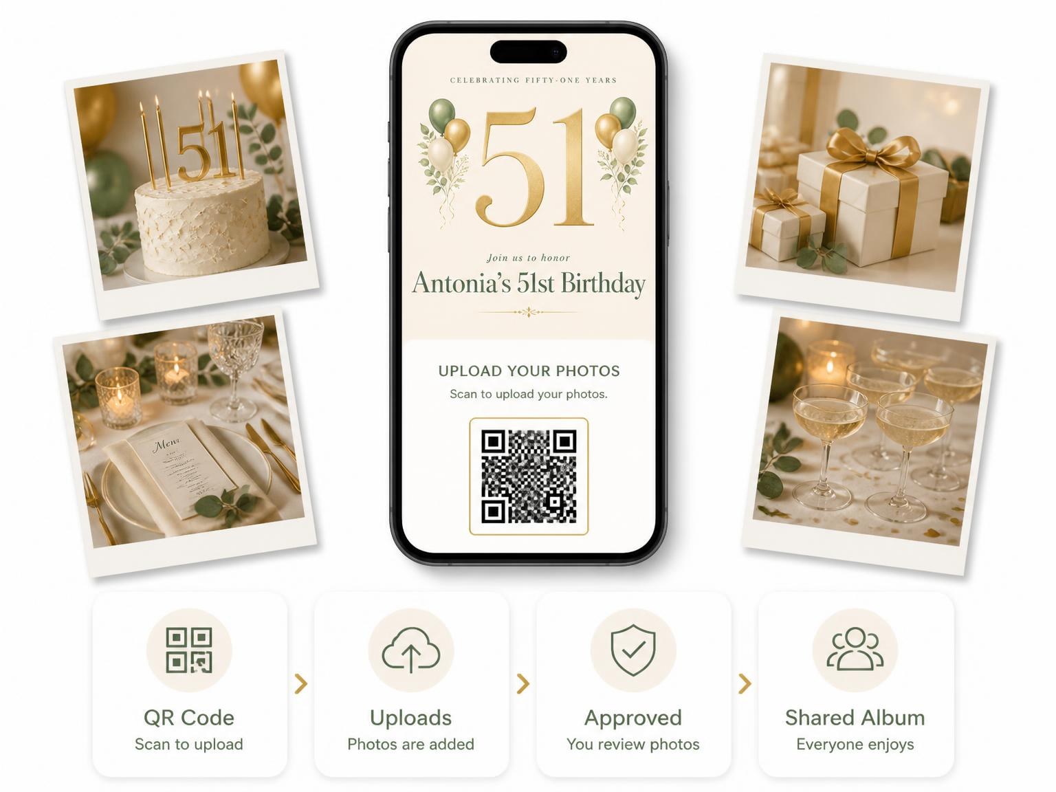 The shared photo gallery that comes with the Sage and Ivory 51st Birthday Invitation invitation