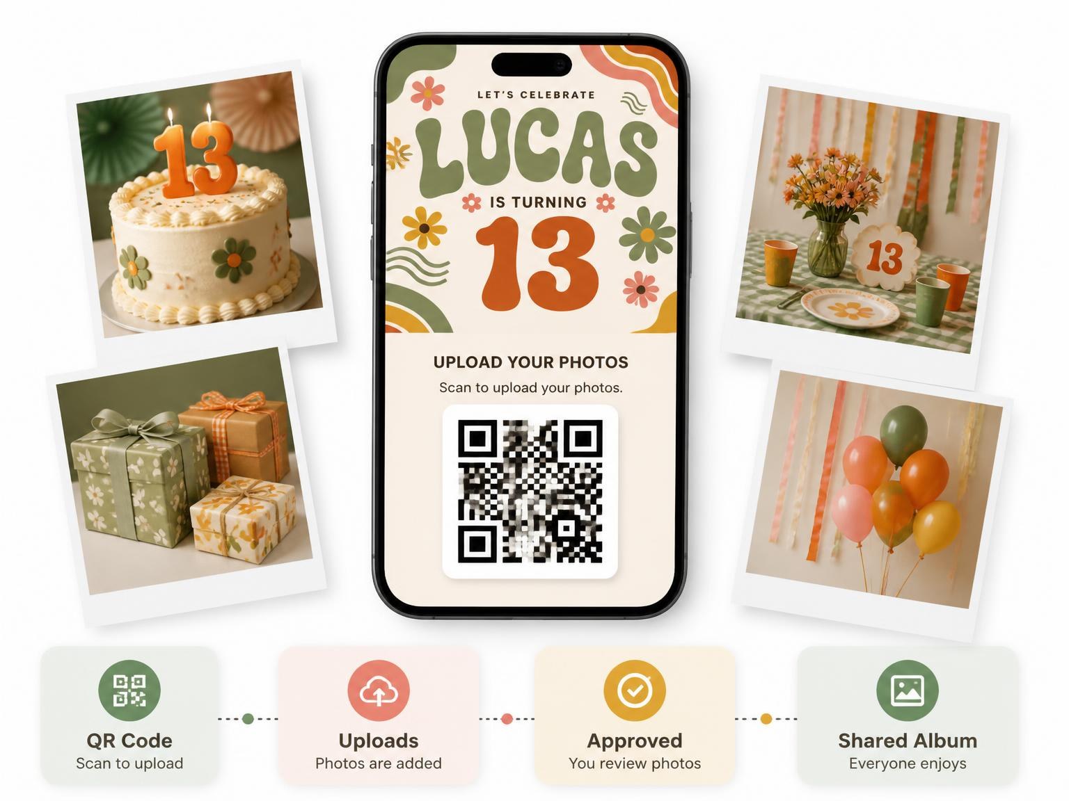 The shared photo gallery that comes with the Groovy Retro 13th Birthday Invitation invitation