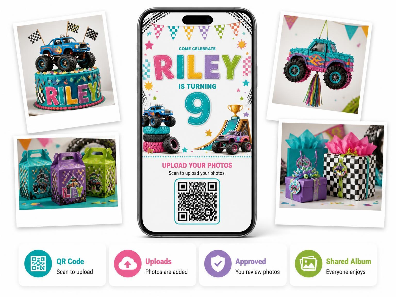 The shared photo gallery that comes with the Stitched Monster Truck 9th Birthday Invitation invitation
