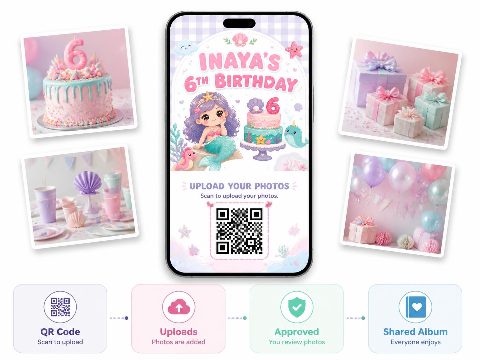 The shared photo gallery that comes with the Mermaid Kawaii Pastel 6th Birthday Invitation invitation
