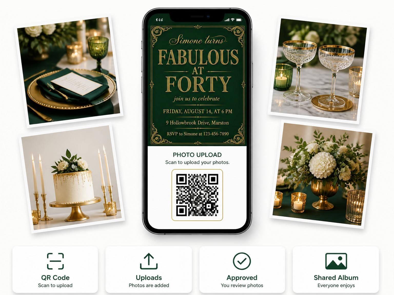 The shared photo gallery that comes with the Emerald and Gold Filigree 40th Birthday invitation