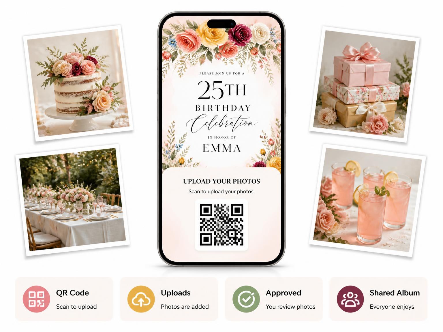 The shared photo gallery that comes with the Floral Garland Golden 25th Birthday Invitation invitation