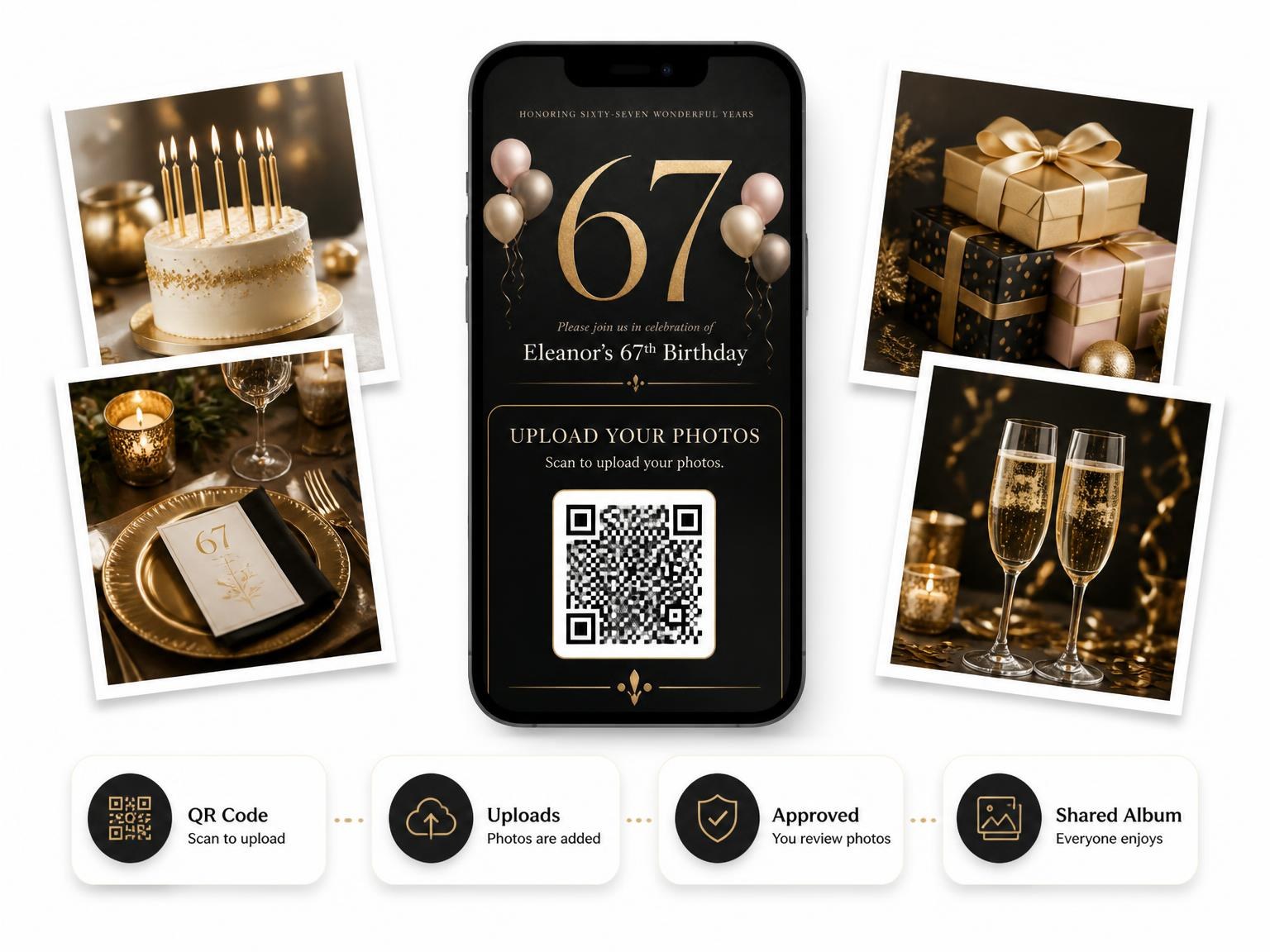 The shared photo gallery that comes with the Charcoal and Blush 67th Birthday Invitation invitation