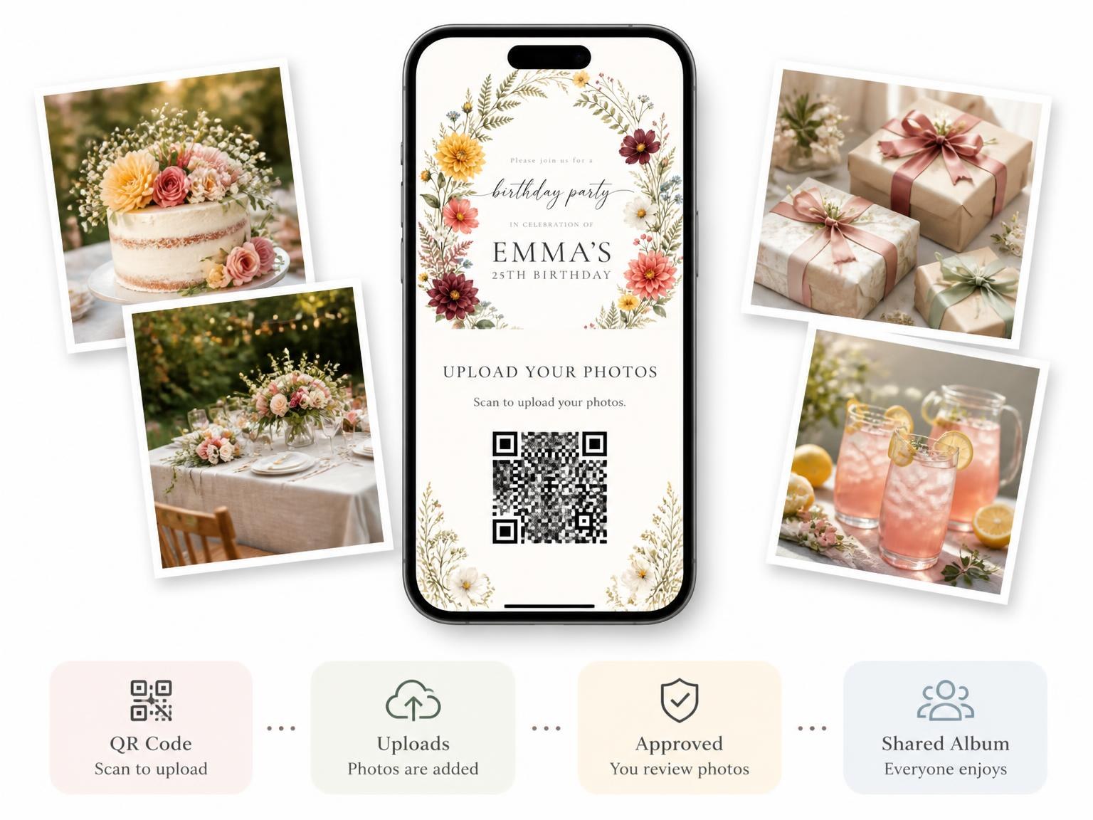 The shared photo gallery that comes with the Botanical Wildflower Golden 25th Birthday Invitation invitation
