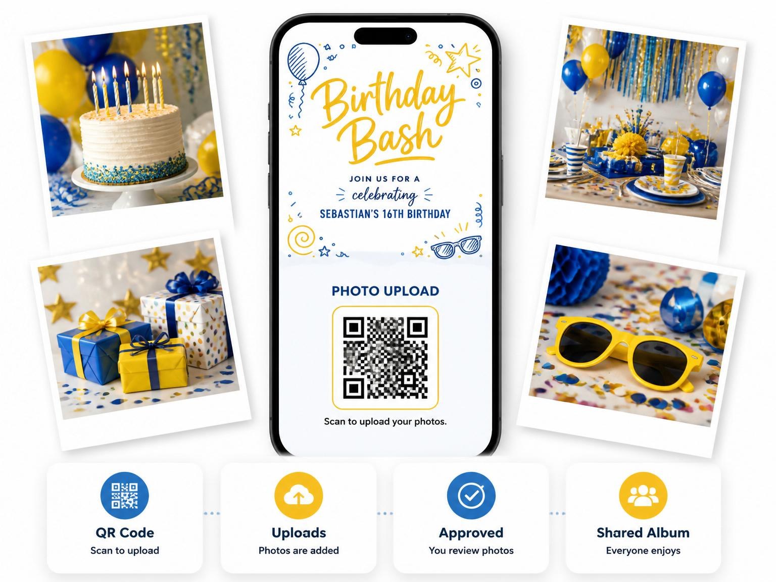 The shared photo gallery that comes with the Blue and Yellow Doodle 16th Birthday invitation
