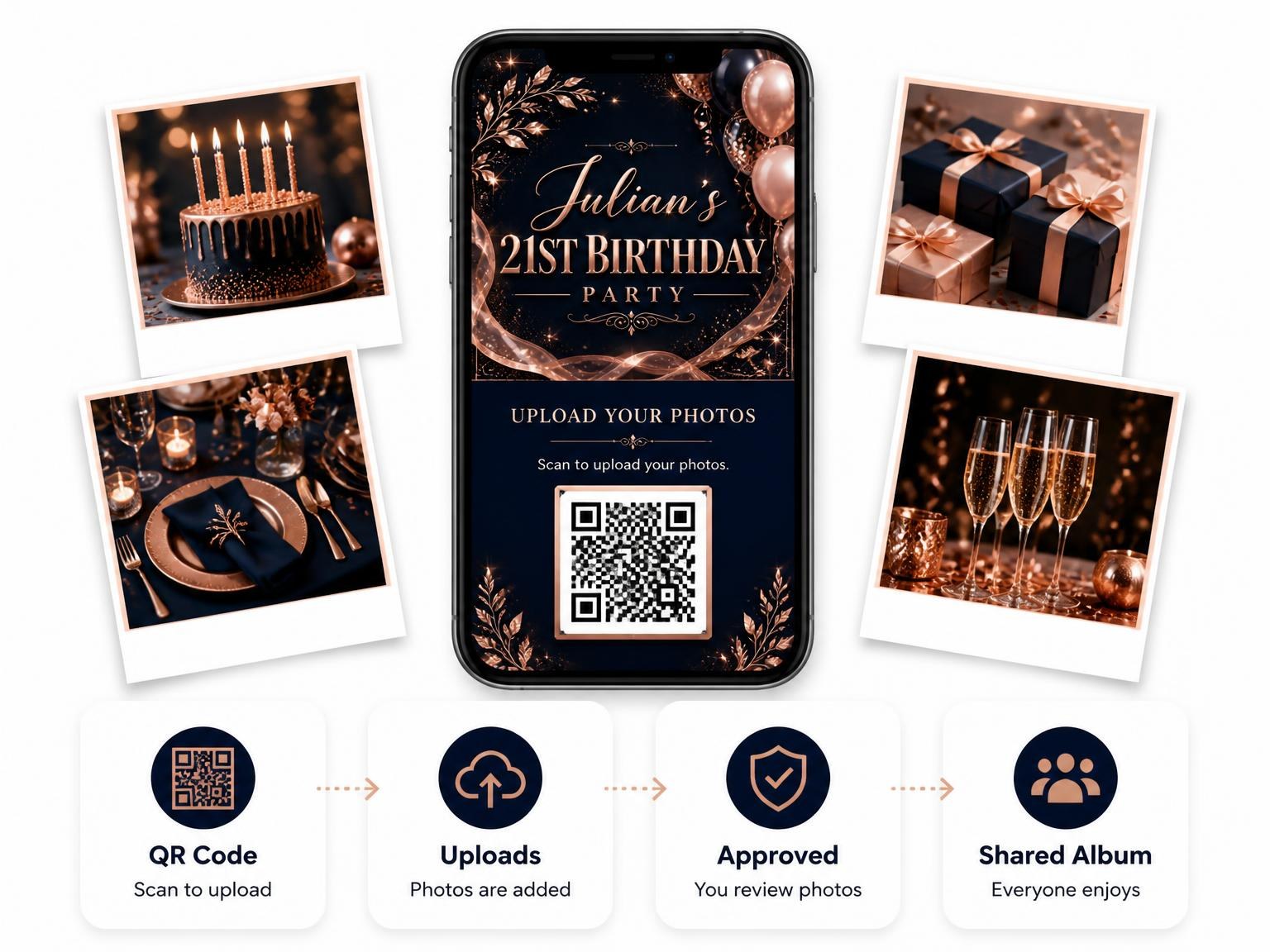 The shared photo gallery that comes with the Navy and Rose Gold 21st Birthday Invitation invitation