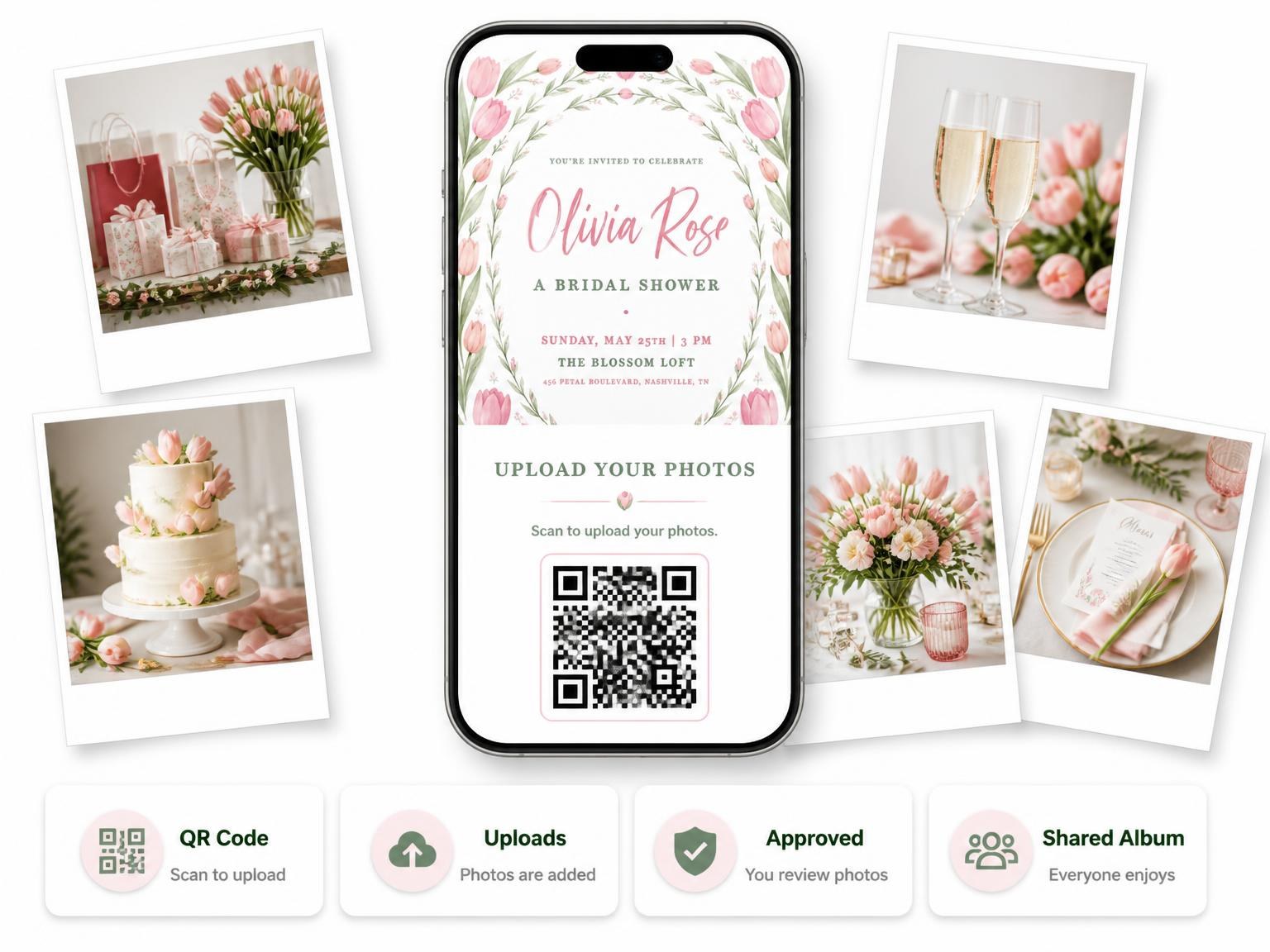 The shared photo gallery that comes with the Pink Tulip Watercolor Bridal Shower invitation