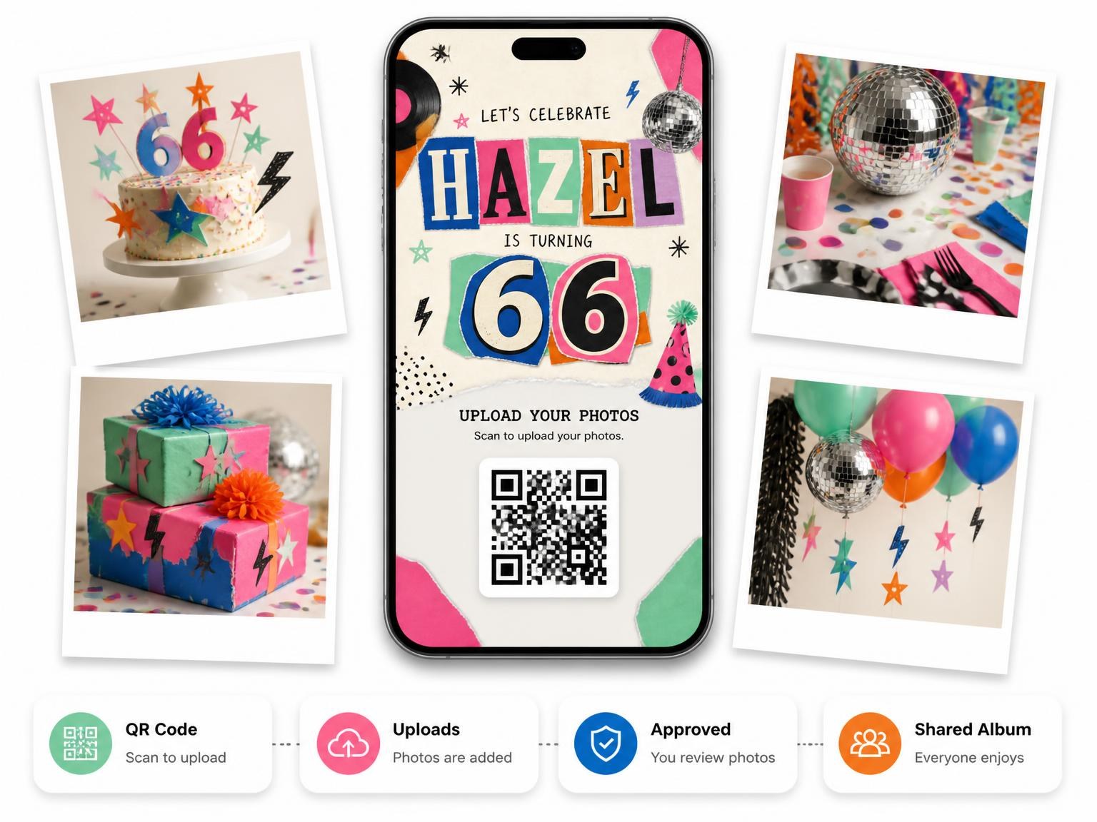 The shared photo gallery that comes with the Retro Paper Collage 66th Birthday Invitation invitation