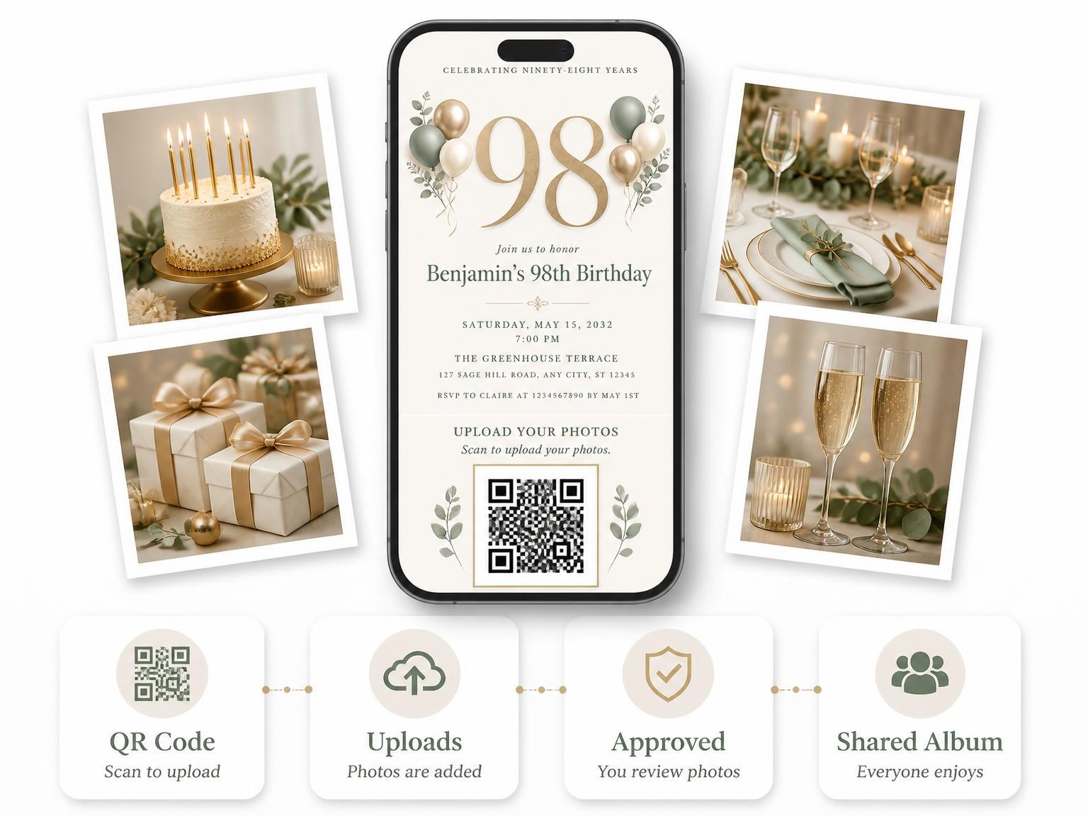 The shared photo gallery that comes with the Sage and Ivory 98th Birthday Invitation invitation