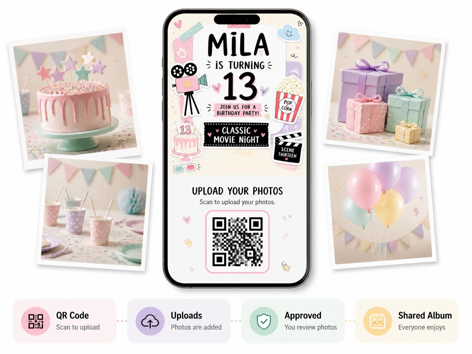 The shared photo gallery that comes with the Movie Camera Pastel 13th Birthday Invitation invitation
