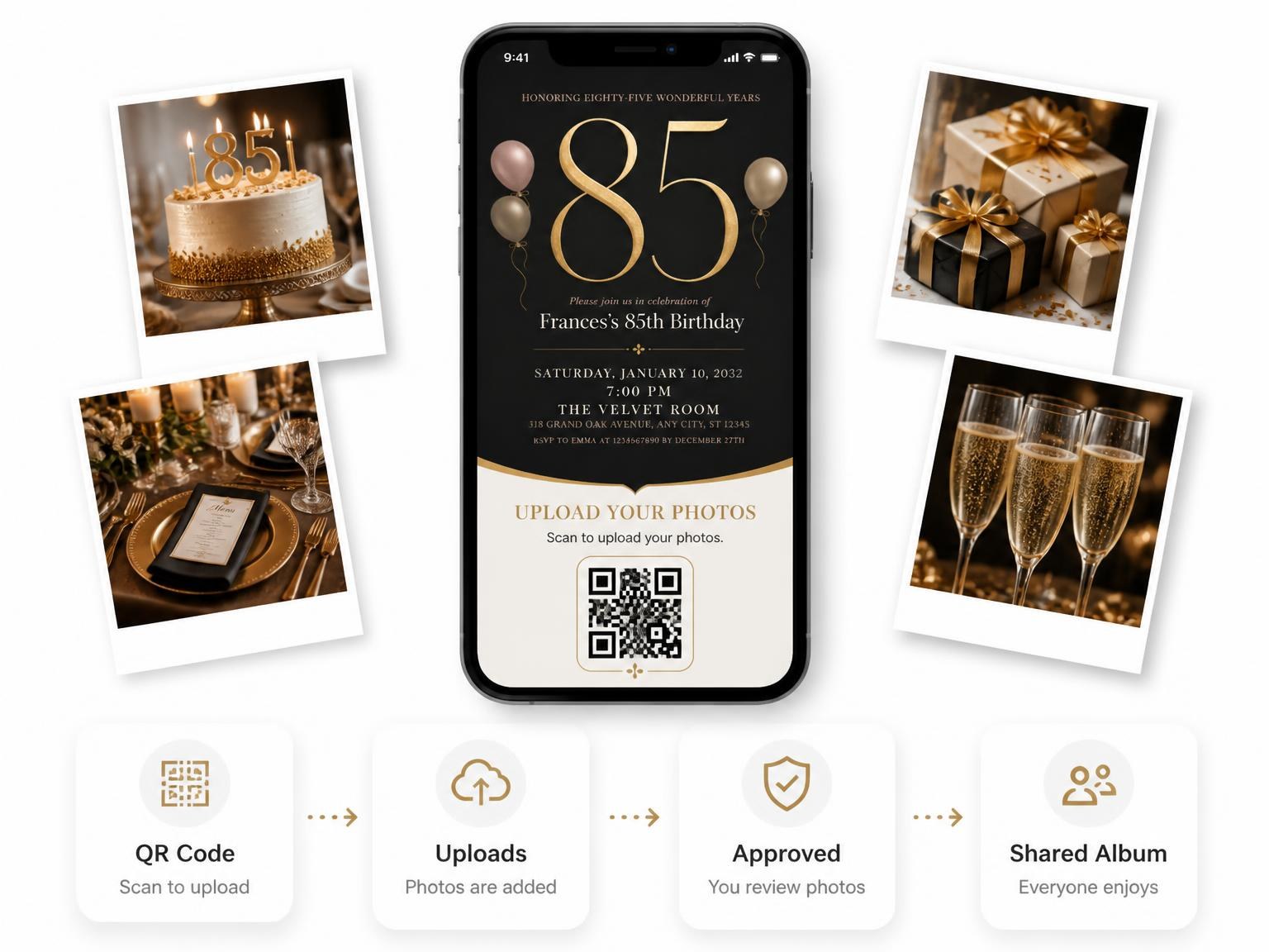 The shared photo gallery that comes with the Charcoal and Blush 85th Birthday Invitation invitation