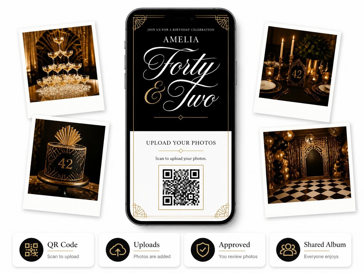 The shared photo gallery that comes with the Art Deco 42nd Birthday Invitation invitation