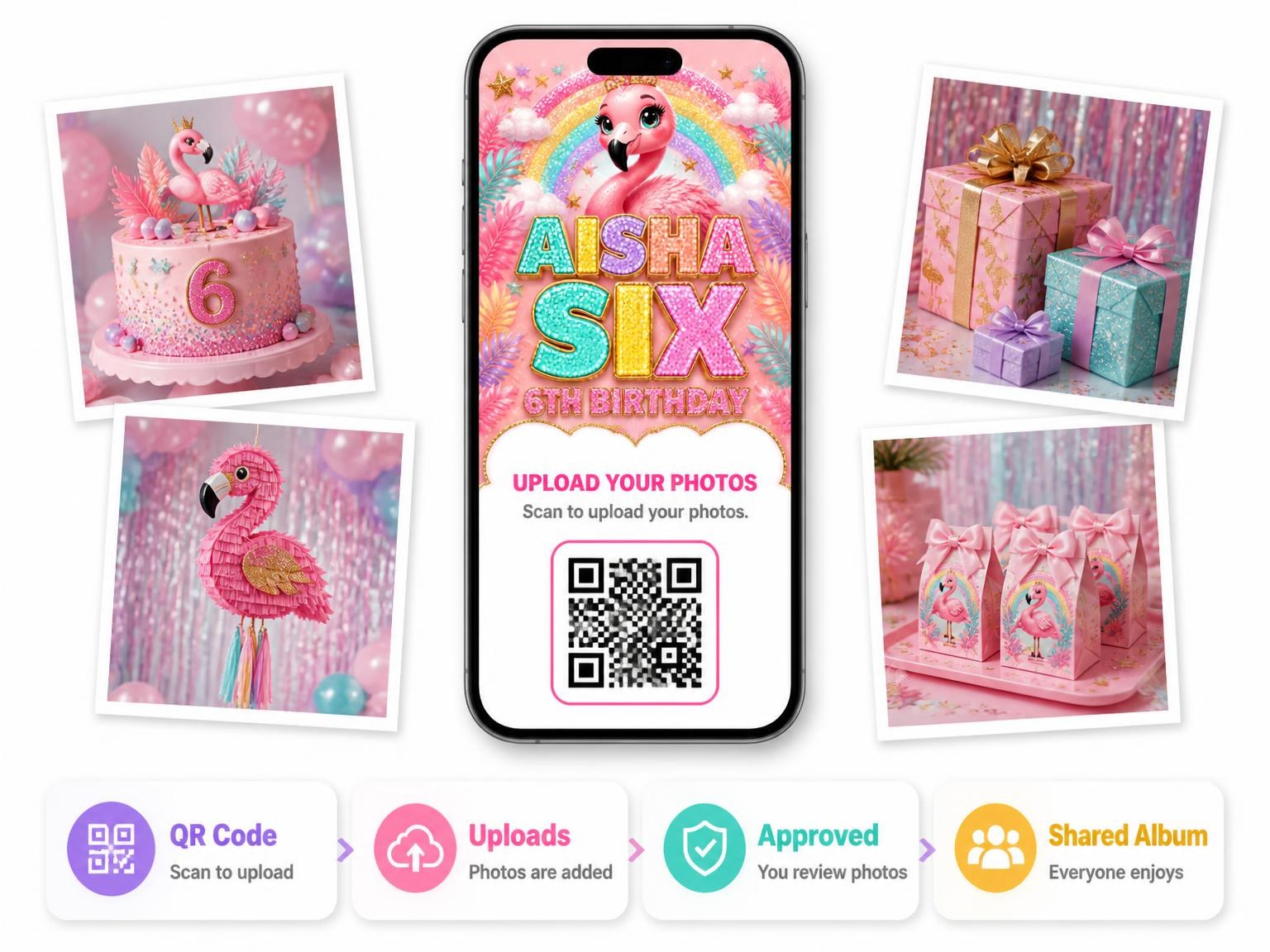 The shared photo gallery that comes with the Glitter Flamingo 6th Birthday Invitation invitation