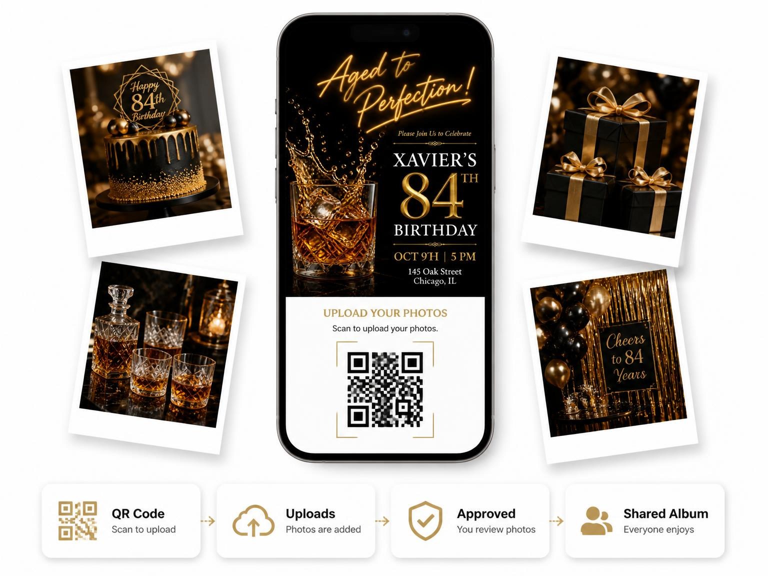 The shared photo gallery that comes with the Whiskey Tumbler 84th Birthday Invitation invitation