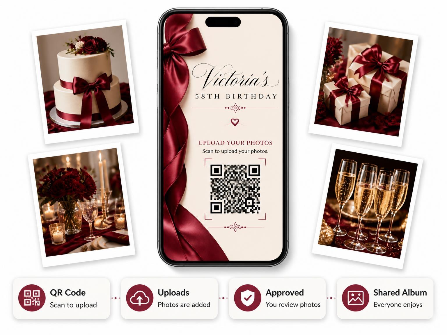The shared photo gallery that comes with the Burgundy Satin Bow 58th Birthday Invitation invitation