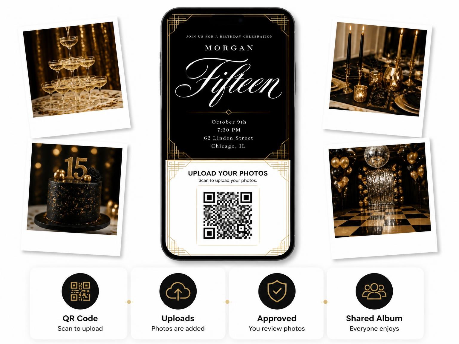 The shared photo gallery that comes with the Art Deco 15th Birthday Invitation invitation