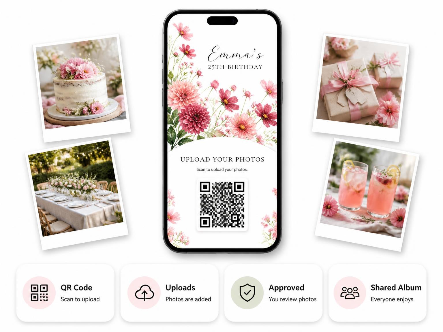 The shared photo gallery that comes with the Fuchsia Cosmos Flowers 25th Birthday Invitation invitation