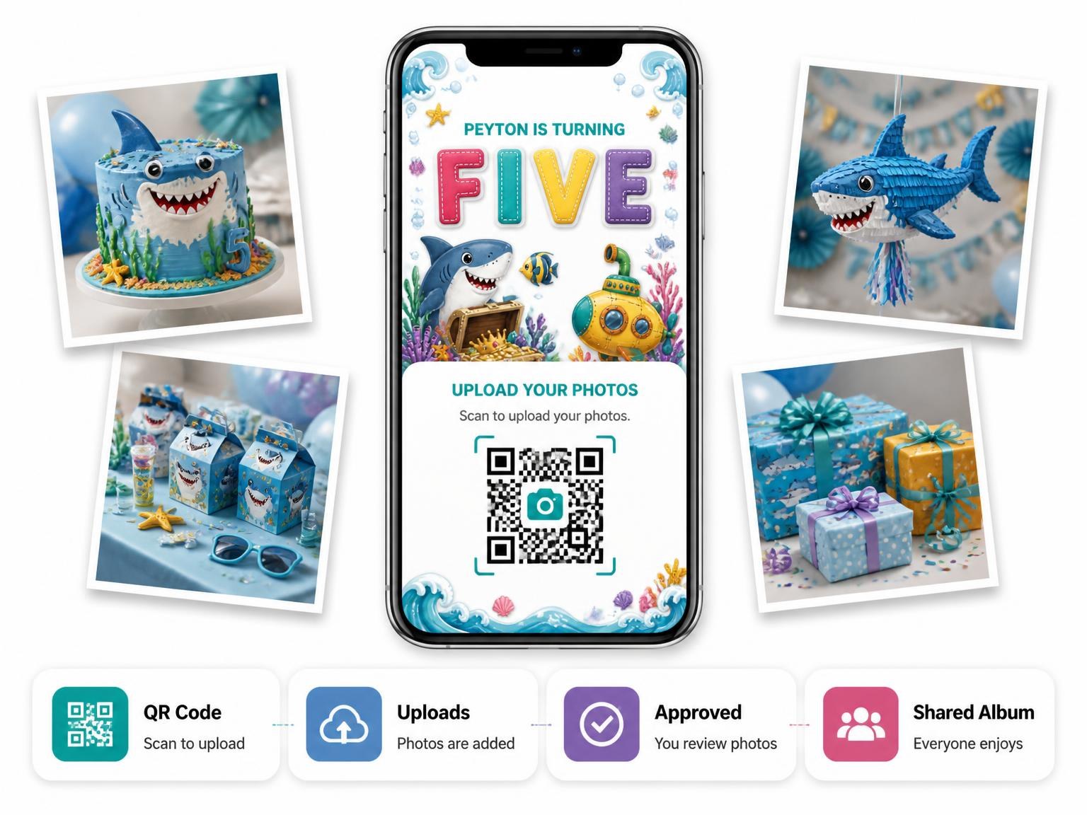The shared photo gallery that comes with the Stitched Shark 5th Birthday Invitation invitation