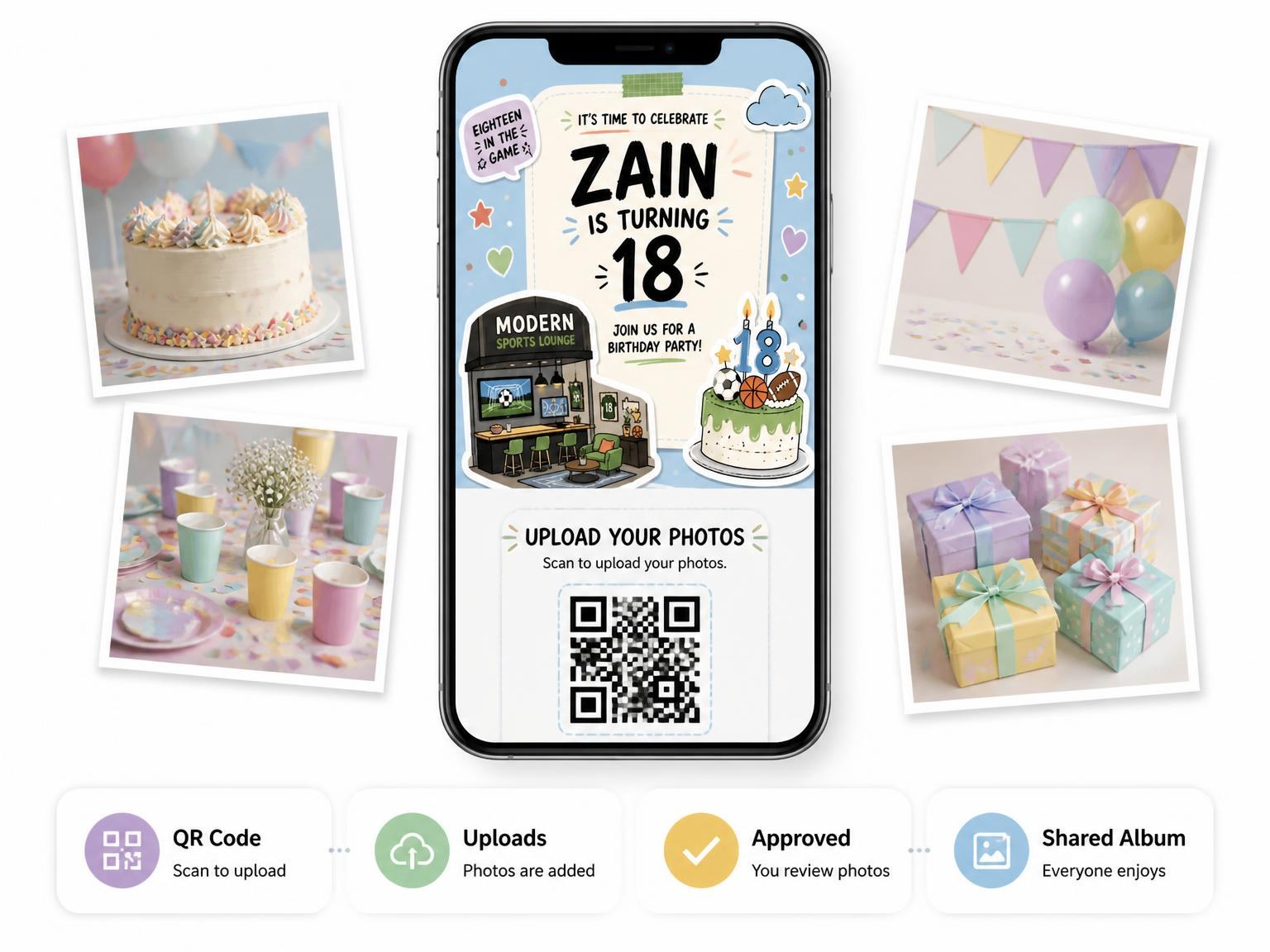 The shared photo gallery that comes with the Sports Lounge Pastel 18th Birthday Invitation invitation