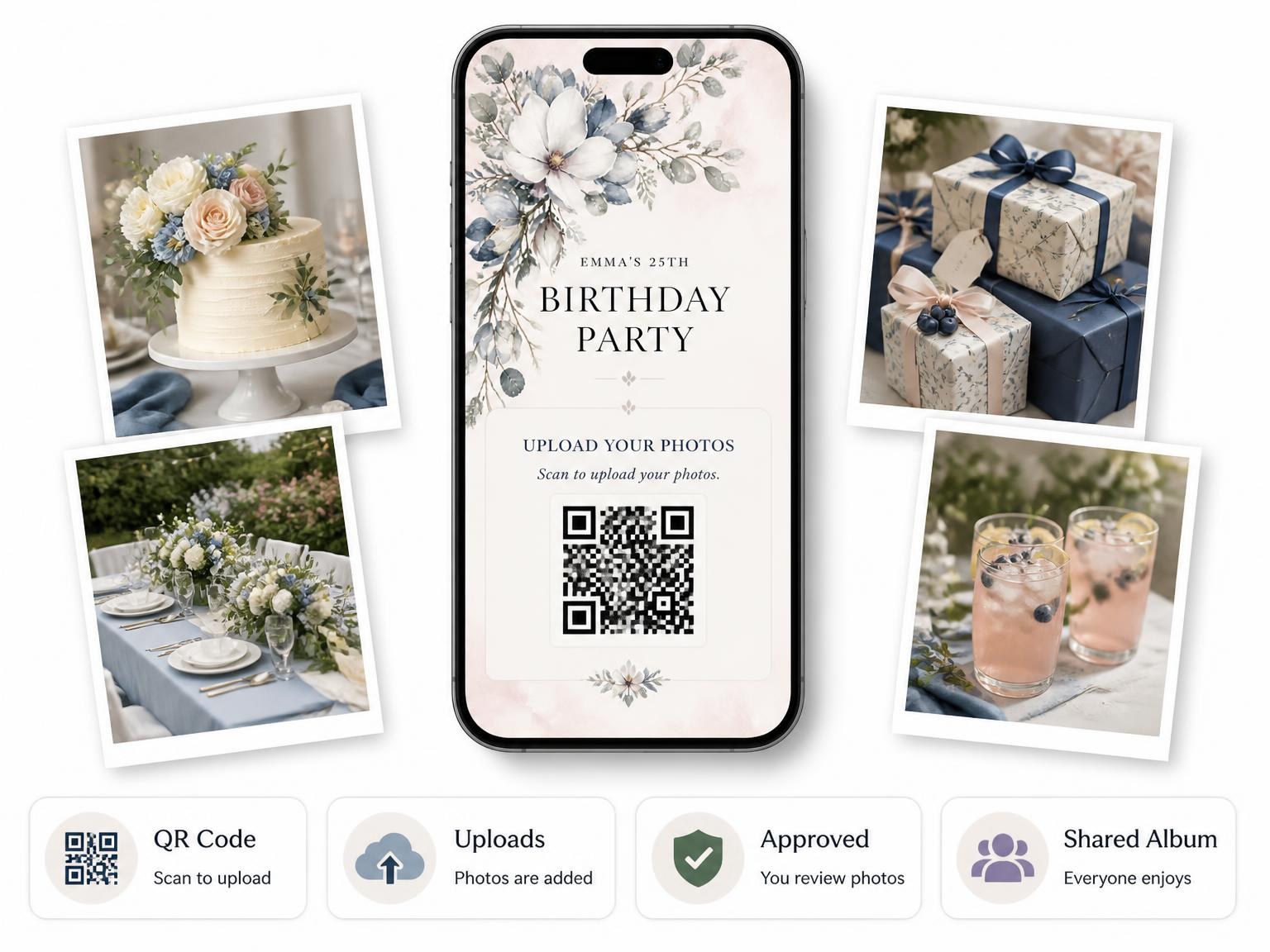 The shared photo gallery that comes with the Navy Botanical Dusty Blue 25th Birthday Invitation invitation