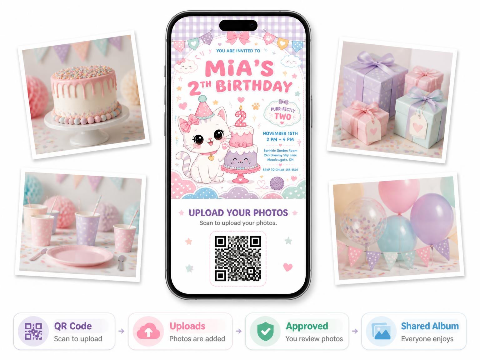 The shared photo gallery that comes with the Kawaii Kitten 2nd Birthday Invitation invitation