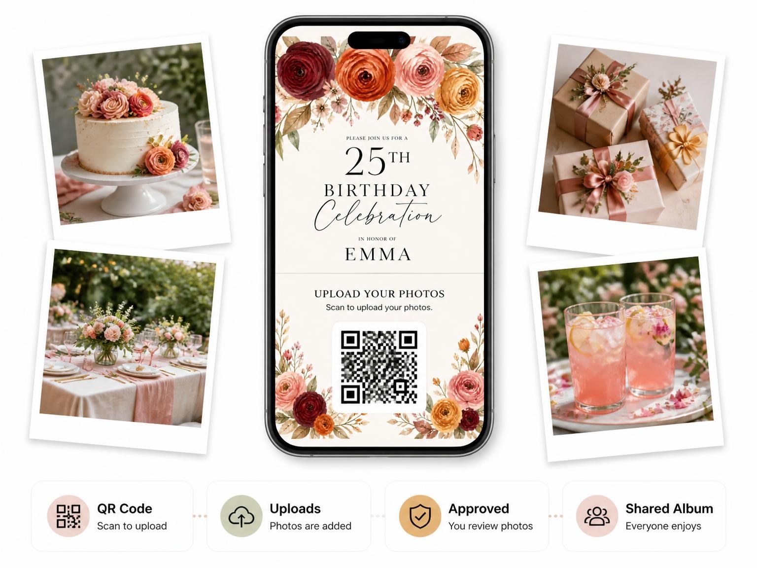 The shared photo gallery that comes with the Flowers Greenery Autumn 25th Birthday Invitation invitation