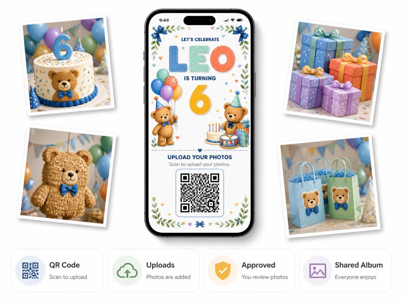 The shared photo gallery that comes with the Stitched Teddy Bear 6th Birthday Invitation invitation