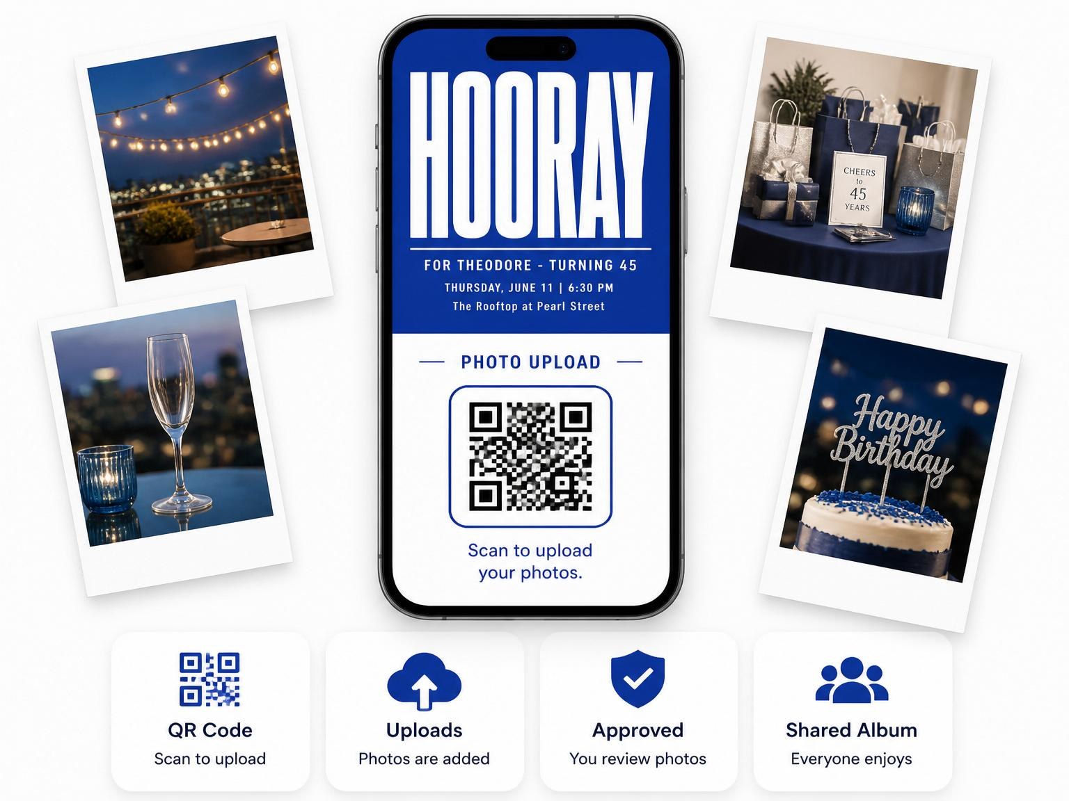 The shared photo gallery that comes with the Royal Blue Modern Typography 45th Birthday invitation