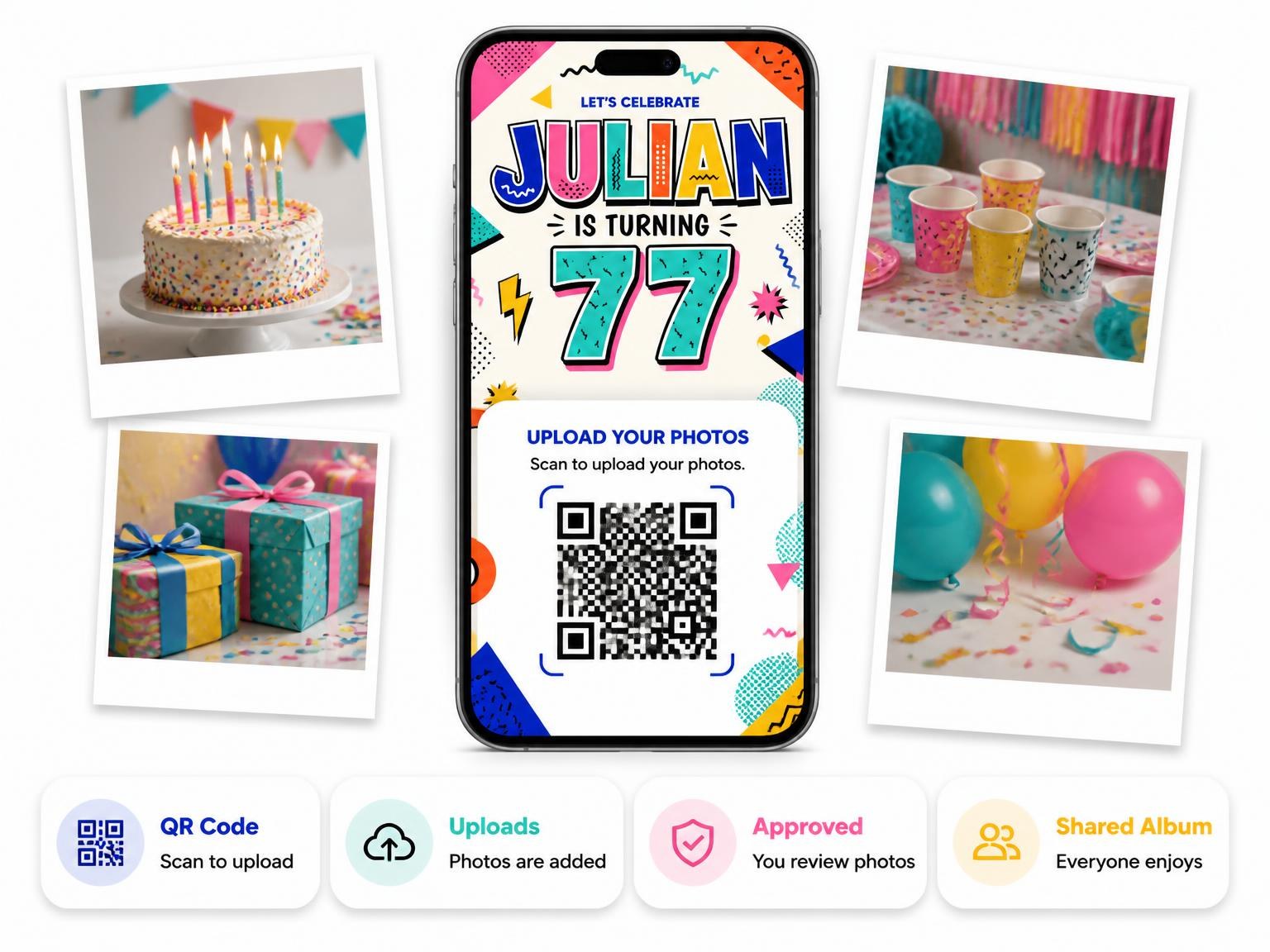 The shared photo gallery that comes with the Memphis Pop 77th Birthday Invitation invitation