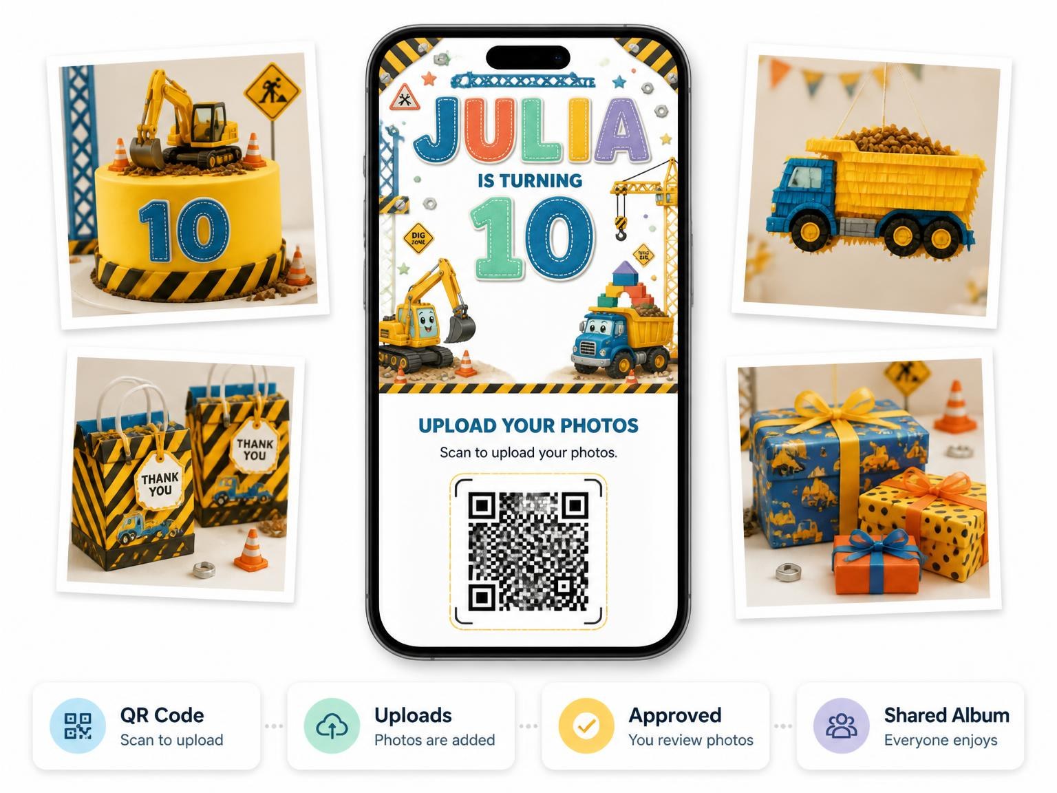 The shared photo gallery that comes with the Stitched Construction 10th Birthday Invitation invitation
