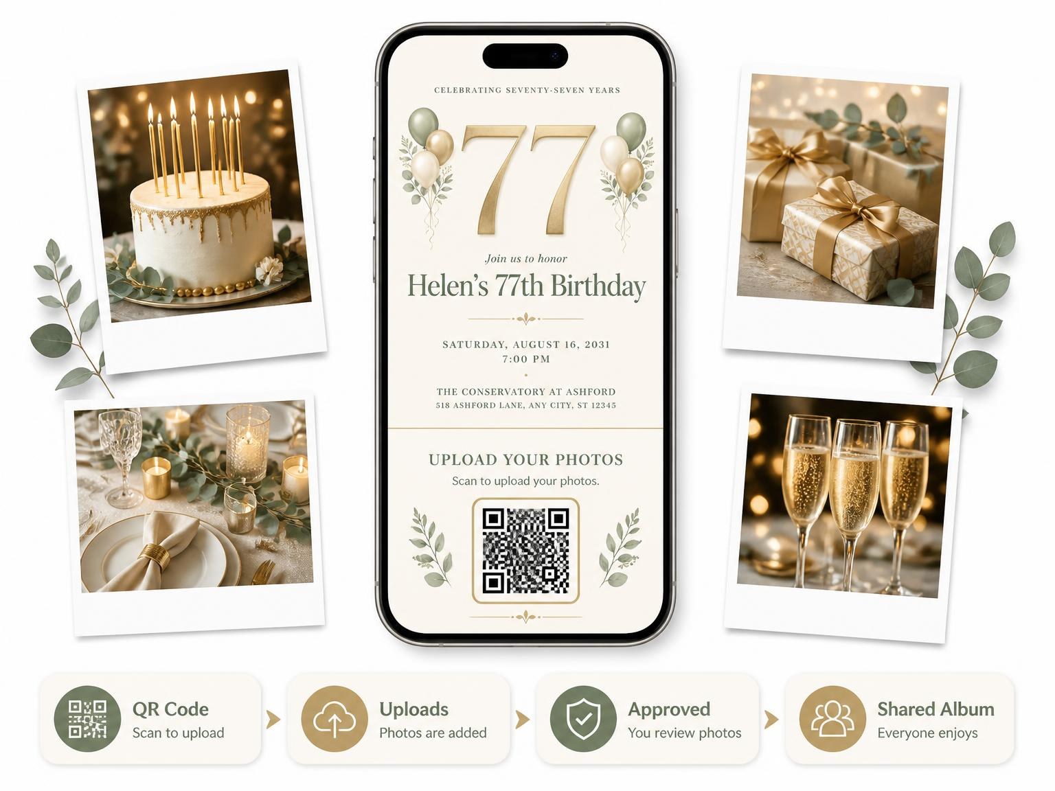 The shared photo gallery that comes with the Sage and Ivory 77th Birthday Invitation invitation