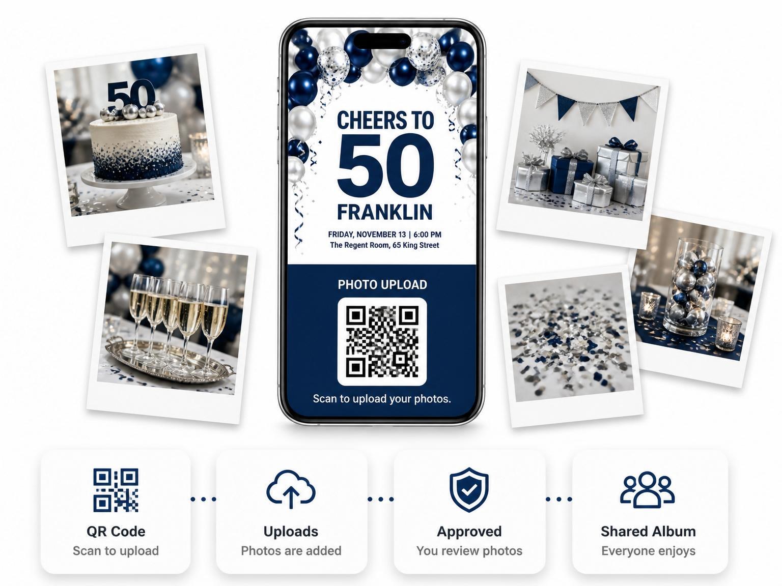 The shared photo gallery that comes with the Navy and Silver Balloon 50th Birthday invitation