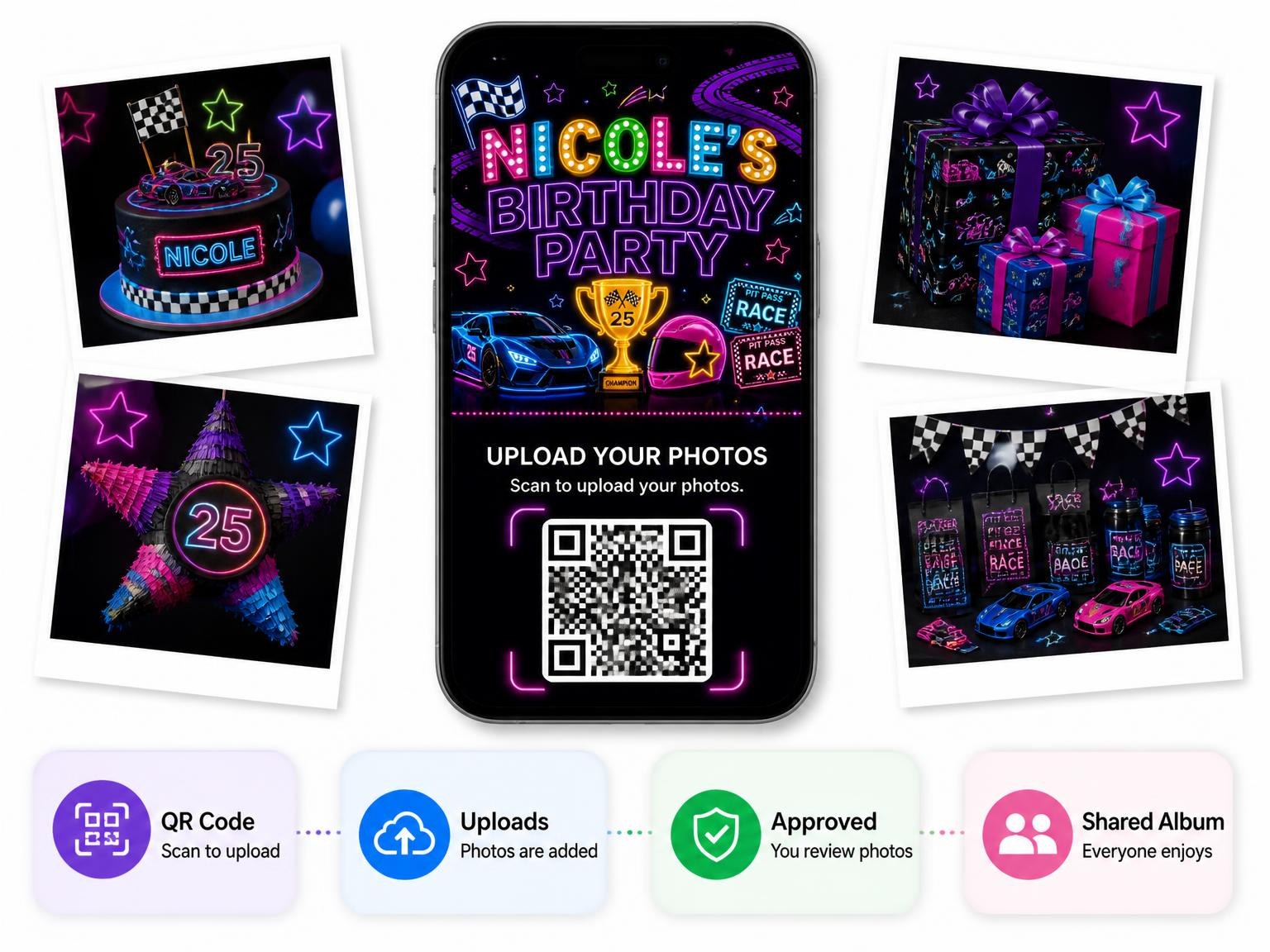 The shared photo gallery that comes with the Neon Race Cars 25th Birthday Invitation invitation