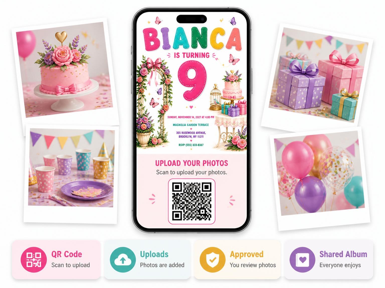 The shared photo gallery that comes with the Table Birdcage Stitched 9th Birthday Invitation invitation