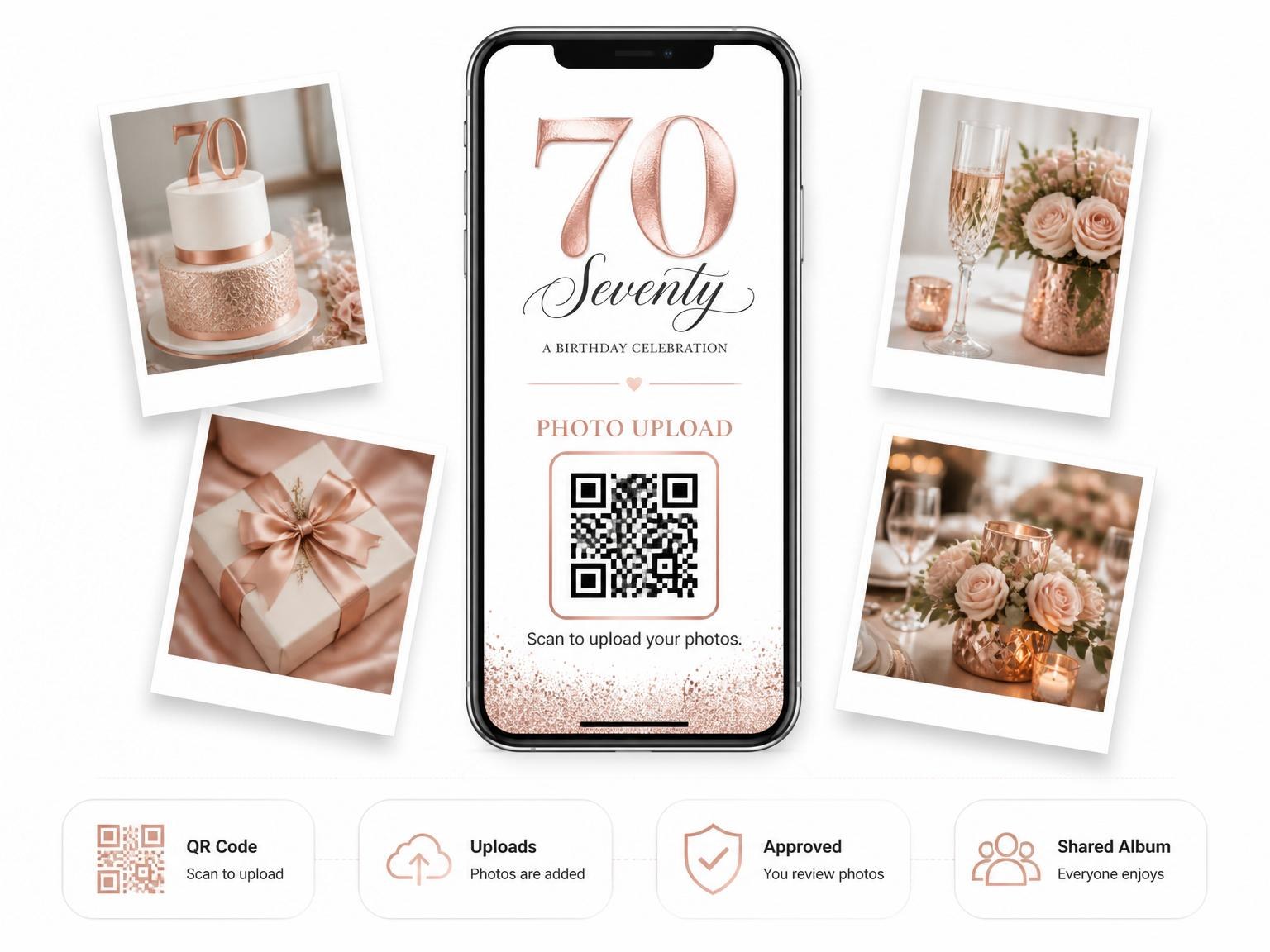 The shared photo gallery that comes with the Rose Gold Foil 70th Birthday invitation